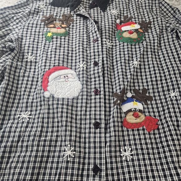Vintage Women S Christmas Button Up Black White Plaid Reindeer Santa Embroidered - Picture 10 of 13